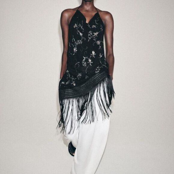 Zara Tops - NEW ZARA ZW Collection Women Embroidered Macrame Fringe Halter Top Black